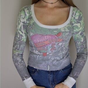Spring Street Scoop Neck Long Sleeve Top in Green, Gray & Pink